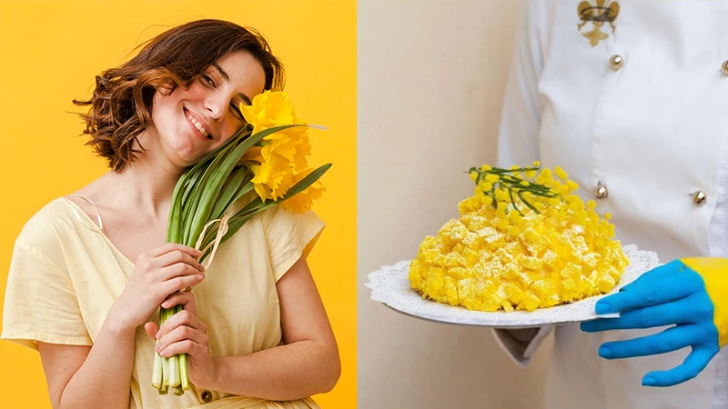 yellow cuisine along with mimosas and a woman carrying tulips