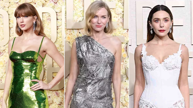 collage of Taylor Swift, Naomi Watts and Elizabeth Olsen in Golden Globe