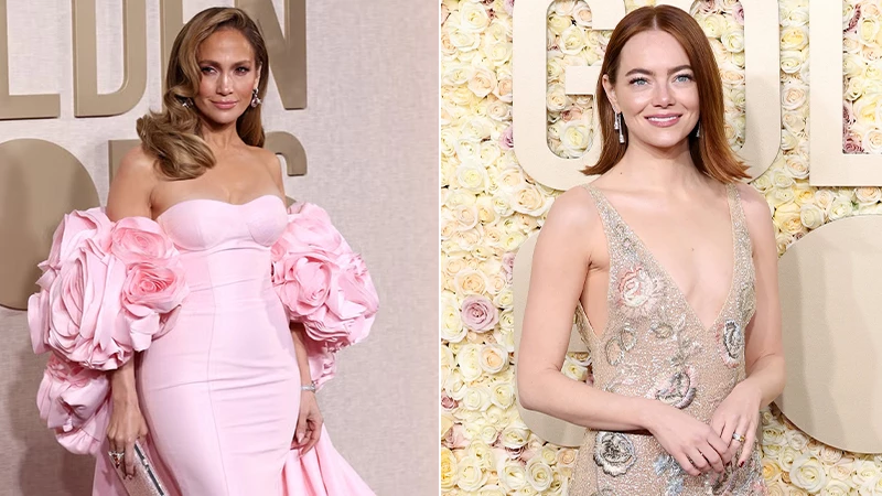 collage of Jennifer Lopez and Emma Stone in Golden Globe