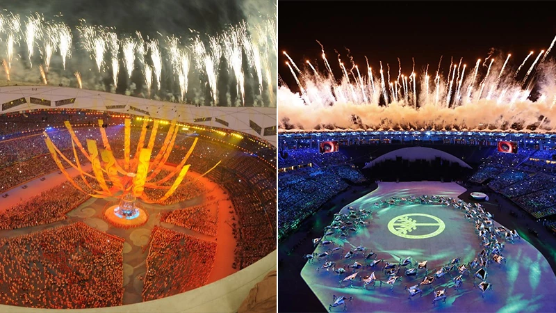 collage images of the 2008 Beijing Games and 2016 Rio de Janeiro Games opening ceremonies