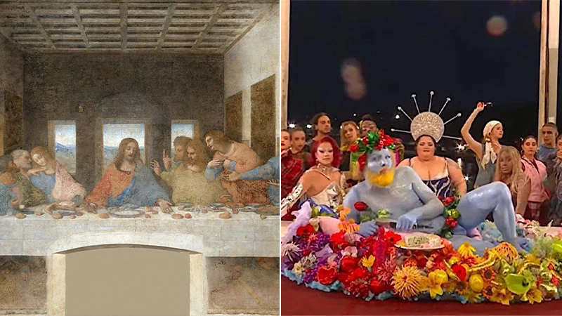 a collage of the the last supper painting by leonardo da vinci and the opening ceremony performance by drag queens