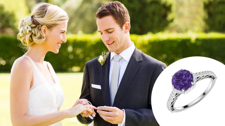 bride getting surprised after looking at her Amethyst wedding ring